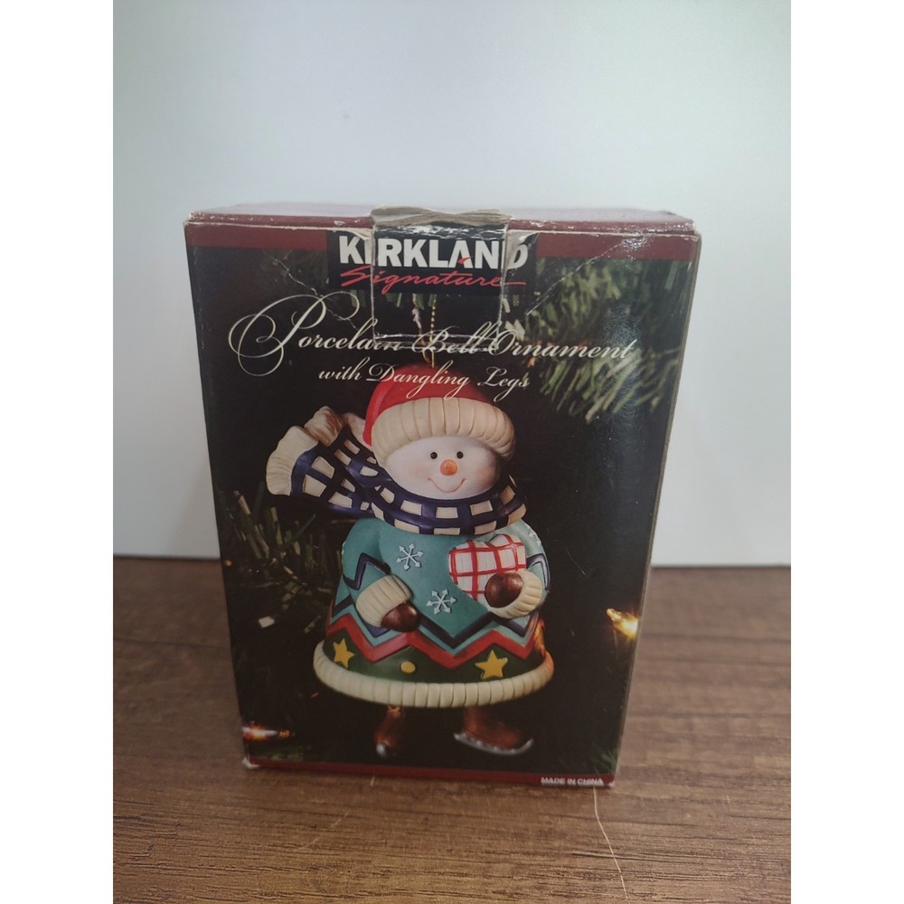 Snowman Bell Christmas Ornament Ceramic Hold Heart Ice Skate Country Vintage 5"